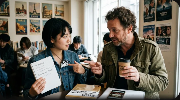 明るいカフェで談笑する日本人女性の学習者とヨーロッパ系の英語話者