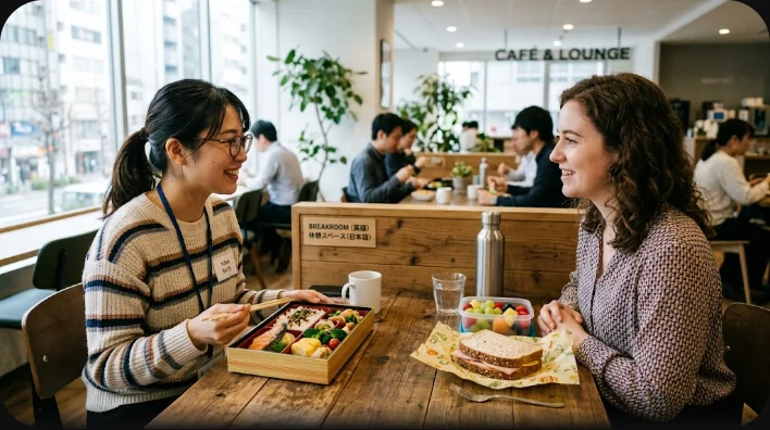 オフィスの給湯スペースで、弁当箱を見せる東アジア系の社員とサンドイッチを持つイギリス人の同僚が笑顔で話している様子