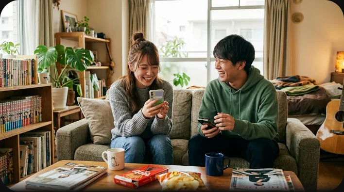 寝室でノートパソコンにメッセージを打つ女性と、その横で小説を読む友人がくつろいでいる様子