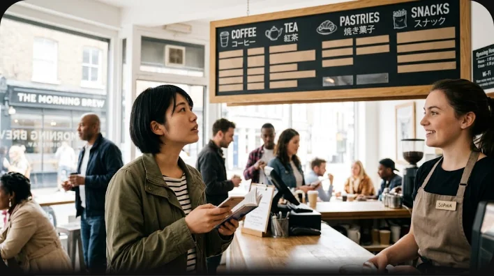 アメリカのコーヒーショップの注文カウンターで、店員がノートを手にした東アジア系の客の注文を受けている様子