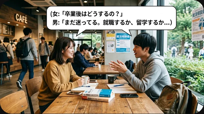 校内の廊下でロッカーを背に進路について話す留学生と現地の同級生