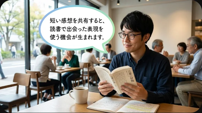 英語の原書を開き、読書仲間と感想を話す日本人学習者を含む多様な成人グループ