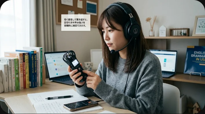 日本人の成人学習者がスマートフォンで英語の短いフレーズを録音して練習する様子