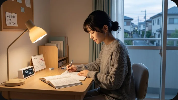 日本人の成人学習者が夜の短い英語ニュース学習を終えて習慣表に印を付ける様子