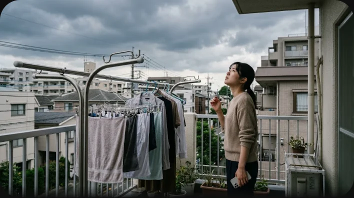 通勤途中の住宅街で立ち話をする同僚二人。一人が曇り空を見上げている
