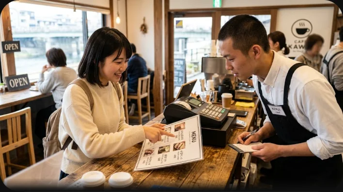 テーブルの横で前傾姿勢になり、メニューを指差す海外からのお客様の注文を聞く飲食店スタッフ