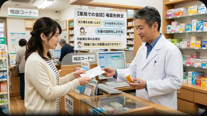 ノート、電子体温計、錠剤のシート、水の入ったグラスとブランケットが置かれた机を真上から撮影した様子