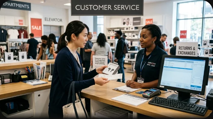 店のカスタマーサービスカウンターで、たたんだシャツとレシートを持つ客が店員に返品を申し出ている様子