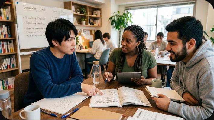 夕方のテニスコートで、コーチがボールを指し示しながら日本人の学習者に説明し、仲間が近くで待っている様子