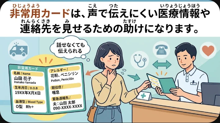 非常用英語カードと薬や充電器を机に置いた準備の様子