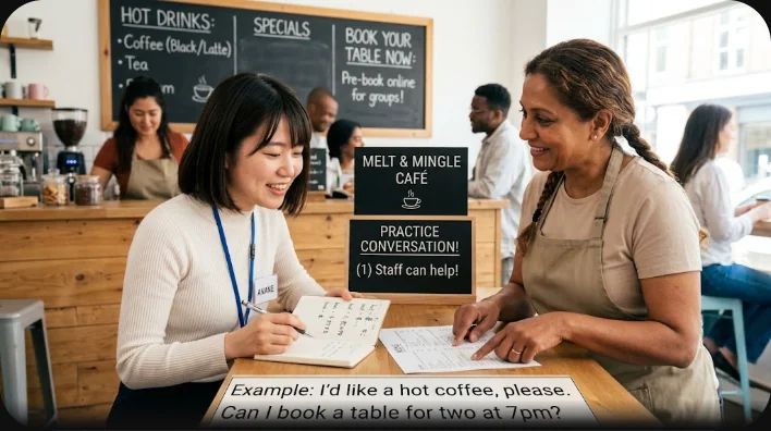 カフェのテーブルに座る東アジア系の女性客と、メモ帳を持って応対する店員が笑顔で会話している様子