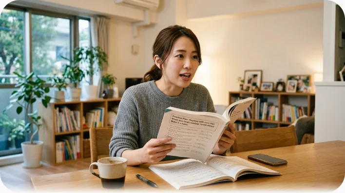 自宅の机でノートを開き、声に出して英語を練習する学習者