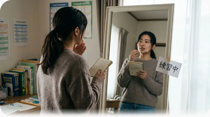 窓辺の机でノートと手鏡を使い、声に出して英語のフレーズを練習している学習者の手元
