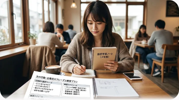 玄関で靴を履く人物と、靴箱の上に置かれた手書きメモと家の鍵