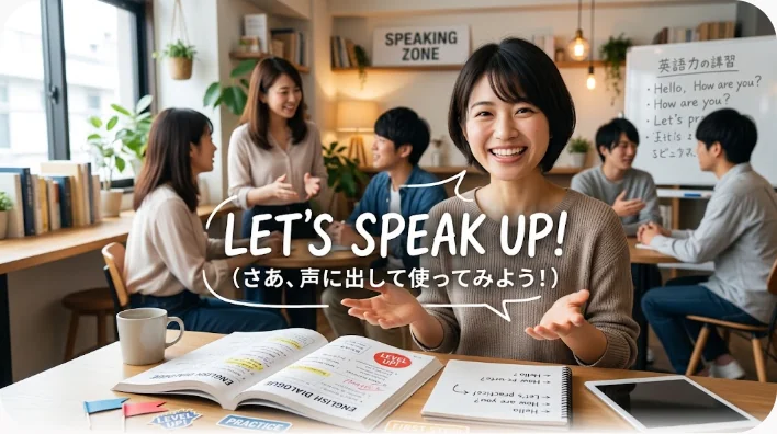 明るいカフェで学習者が講師と向かい合い、笑顔で英語を話しながら手で説明している様子