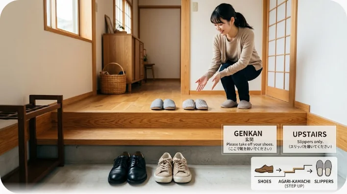 段差のある日本の玄関で、下の土間に外履きの靴が並び、上の床にスリッパが用意されている様子