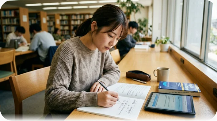デスクでノートに英語フレーズを書き取りながら練習する学習者の様子