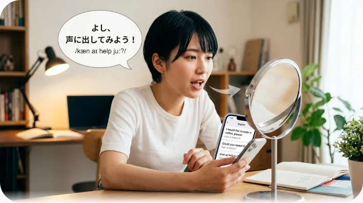 ヘッドホンを付け、鏡の前に置いたスマートフォンを見ながら自宅で英語の発話練習をする学習者