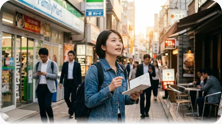 夕暮れの街の広場のベンチで、小さなノートを持って短い英語フレーズを口ずさんでいる学習者