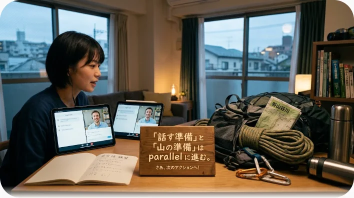 机の上に開いたノートとスマートフォン、折りたたんだ地図と鉛筆、紅茶のマグが並び、背景に登山靴が置かれた学習準備の様子