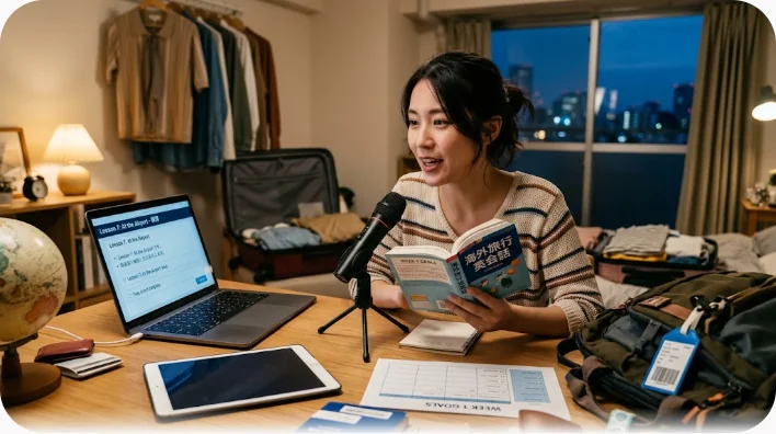 旅行前夜に自宅のデスクでパスポートとメモを広げ、スマートフォンで英語のリスニング練習をしている学習者