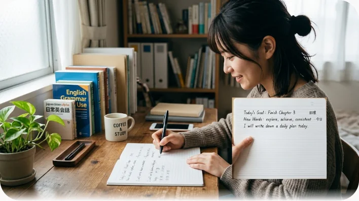 夕方のデスクでノートパソコンの横にある罫線ノートへ短い英語のメモを書いている手元