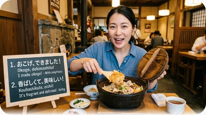 鉄釜の底の香ばしいおこげをしゃもじでこすり取る様子と、茶碗によそわれたご飯