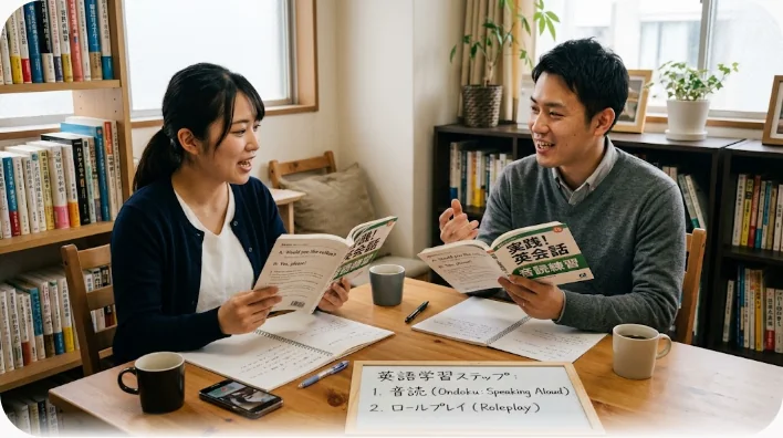 会議室で台本を持った女性が声に出し、受話器を持った男性が聞き役をしてロールプレイをしている様子