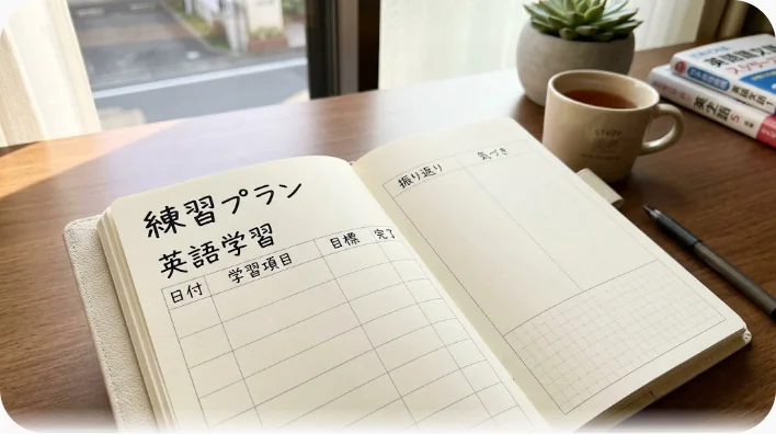 朝の光が差す机の上に、空白の週間欄が開かれた手帳とペン、イヤホンが置かれている様子