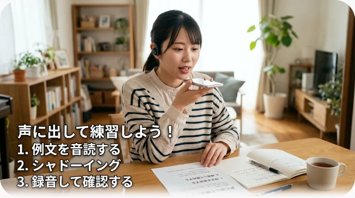 早朝の自宅ダイニングテーブルで小さなノートを見ながら声に出して英語を練習する学習者