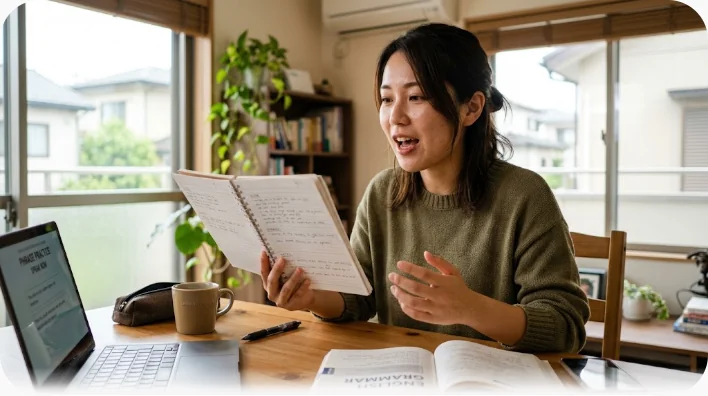 ショッピングセンター内のカフェでノートを開き、英語のフレーズを静かに練習している学習者