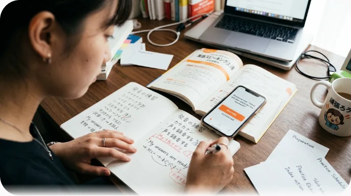 自宅のソファでスマートフォンを三脚に立て、声に出して英語の発話練習をする日本人の大人