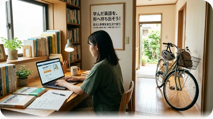 英単語を書いたノートとスマートフォン、コーヒーが置かれた机。窓際に電動アシスト自転車がぼんやり写っている