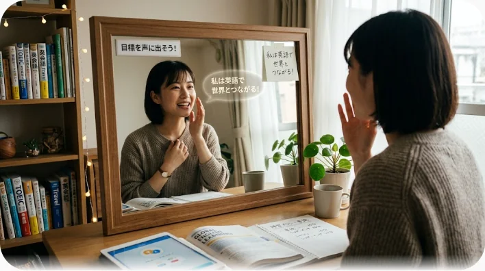 夜の自室で鏡とノートを見ながら英語のフレーズを声に出して練習している東アジア系の学習者