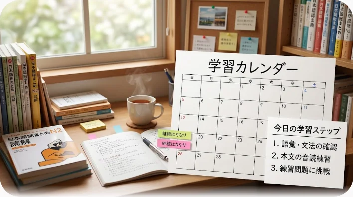 夜の自宅でイヤホンを付けてノートを音読している学習者