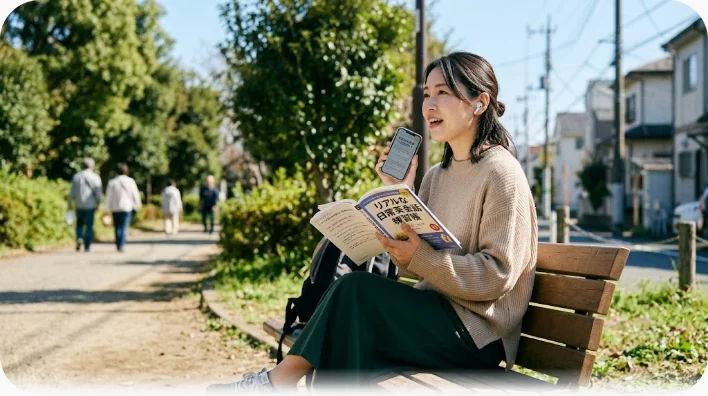 イヤホンをつけて川沿いの並木道を歩きながら、笑顔で小さく英語を口に出して練習している女性