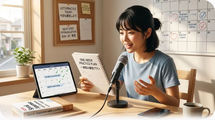 ヘッドホンを着けた学習者が自宅の学習コーナーで声に出して英語を練習し、背後の壁に無地のカレンダーが掛かっている様子