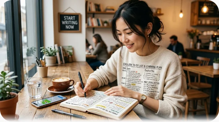 ノートに手書きされた英語の掃除やることリストと鉛筆、マグカップが朝の光の中に置かれている机の様子