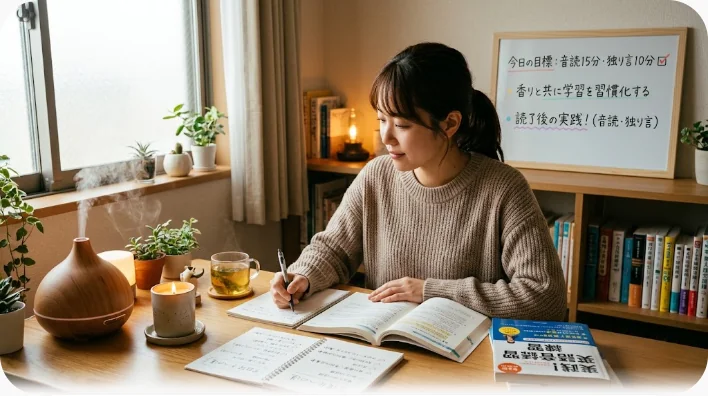 ノートとリードディフューザー、香り付きキャンドル、ハーブティーが置かれた夜の学習机