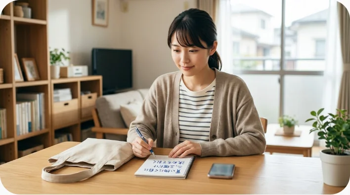 窓辺の机でノートに日常フレーズの短いメモを書く学習者と、そばに置かれた布製エコバッグとコーヒーカップ