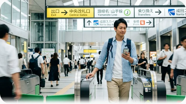 スマートフォンの乗換検索アプリを片手に改札口付近を歩く姿