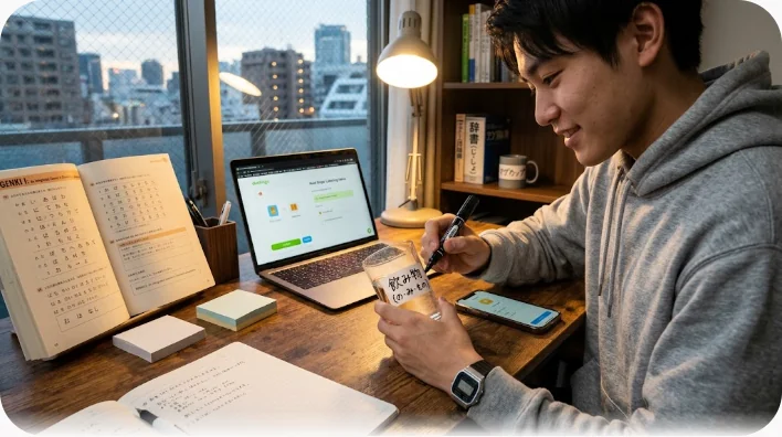東アジア系の社会人二人が散らかったオフィスデスクの横で書類を持ち、引き出しを開けて片づけをしている様子