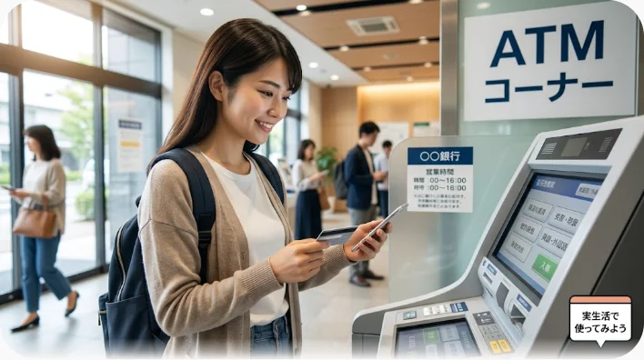 銀行支店内のATMコーナーで落ち着いた表情で操作をしている学習者