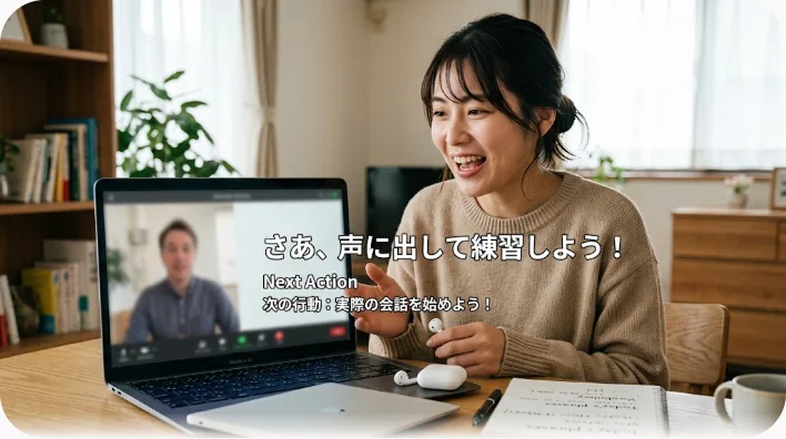 自宅のデスクでノートパソコンを開き、オンラインの英語レッスンで笑顔で話している日本人の学習者