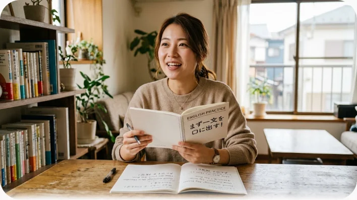 明るいリビングの窓辺でノートを手に持ち、声に出して英語を練習している学習者の様子