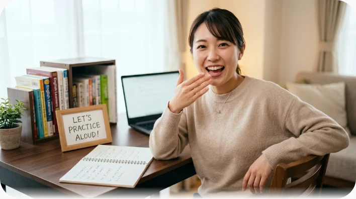 ノートに手書きで練習文を書き込む学習者の手元と、横に置かれた小さな包装済みのギフトボックス