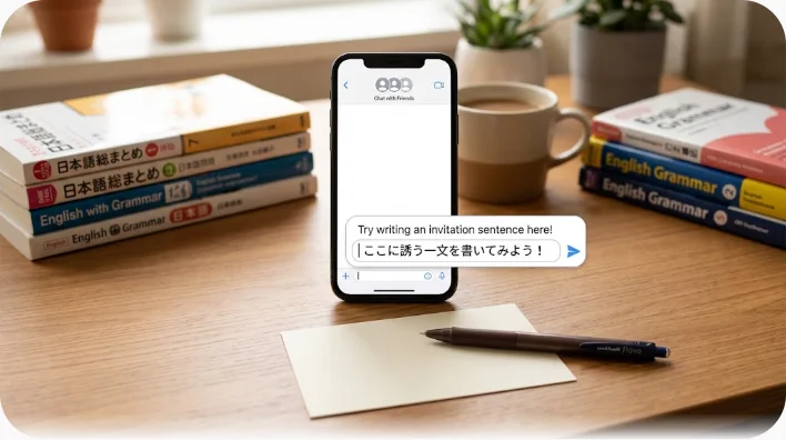 キッチンカウンターで無地のメッセージ画面を表示したスマートフォンを手にする人物と、奥で料理を準備する二人