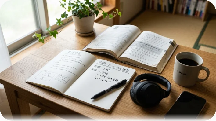 早朝の自宅の机でヘッドホンを着けてノートを音読する日本人男性学習者