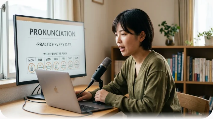 窓辺でスマートフォンを持ち、声に出して発音を確かめる学習者