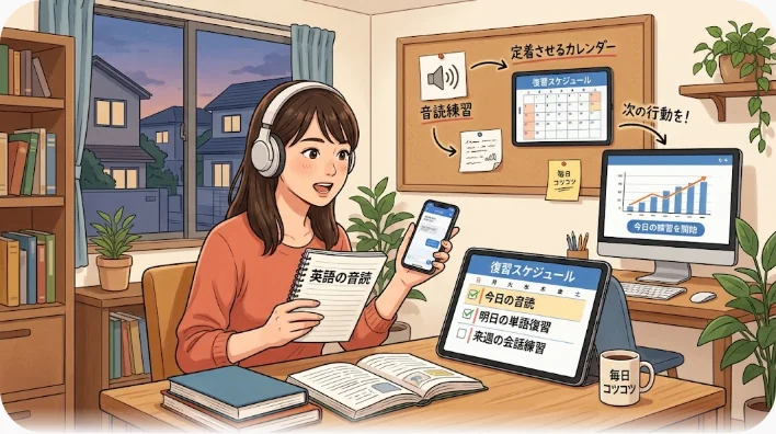 夜の自宅の机で単語カードを見ながら英語を声に出す学習者。壁にはチェックの入ったカレンダーがある